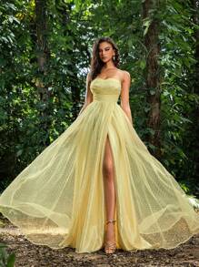 Faeriesty Luxe Elegant Swiss Dot Ruched Bust Mesh Formal Tube Dress Evening Dress - Yellow - View 8