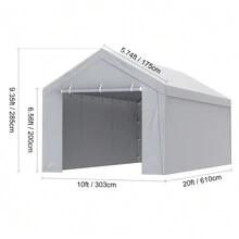 Carport Replacement Canopy Cover Top + Side Wall, Garage Top Tent Shelter Tarp Heavy-Duty Waterproof & UV Protected, Easy Installation With Ball Bungees (Frame Not Include) - Top + Side Wall 10x20ft, Grey - View 9