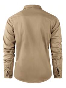 Men's Long Sleeve Military Shirt With Buttons - Khaki - View 3