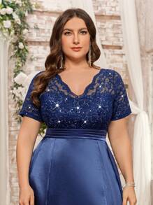 Plus V-Neck Sequin Lace Contrast Satin Split Thigh Elegant Prom Formal Evening Party Dress, Wedding Guest Gown, For Festivals, Graduation, Dinner, Homecoming - Navy Blue - View 7