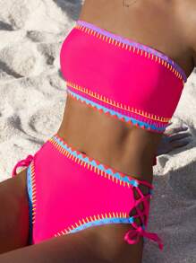 popvil Summer Halter Shell Trim Self-Tie Bikini Set - Hot - View 1