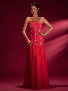 Vestido largo con vuelo de tul y diamantes, sin tirantes - Vestido de fiesta, de invitada de boda, de gala, de noche - Rojo - Ver 4
