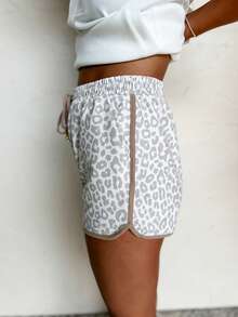 Acelitt 白色豹纹松紧腰系带撞色边饰休闲短裤 - 白色 - 查看 3