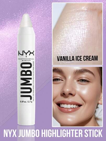  NYX Jumbo Multi-Use Face Highlighter Stick, Vanilla Ice Cream, zapewnia efekt intensywnego rozświetlenia, równomierne krycie, długotrwały blask, podkreśla kontury twarzy, wzbogacony olejkiem jojoba dla naturalnego blasku, wykręcany sztyft, nie wymaga temperówki, cieńsza końcówka i mniejsze cząsteczki, odpowiedni dla wszystkich odcieni skóry, odpowiedni do codziennego użytku
