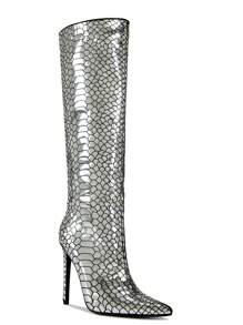 RevReaL Women's Snakeskin Over-The-Knee Heeled Boots - Silver - View 2