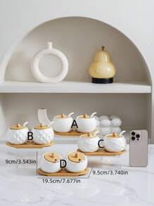 1 Set Ceramic Kitchen Storage Jars With Bamboo Wood Tray & Ceramic Spoon, Scandinavian Minimalist Japanese Style Creative Textured Dinnerware, Kitchen Storage Canisters, Diamond, Wavy, Bird Nest Pattern, Hotel Restaurant Home Kitchen Essentials, Round Bamboo Wood Lid Spice, Pepper, Salt, Sugar Seasoning Storage Jars