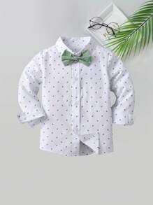 BOARNSEORL 2 piezas Conjunto de caballero para niños pequeños, camisa de manga larga con estampado aleatorio con pajarita y pantalones con tirantes, de moda y para fiesta de cumpleaños, boda, bautizo