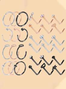 Set de 30 piezas de Decoración de Rhinestone Piercing de Nariz de Acero Inoxidable, Moda Punk Perfecta para Mujer y Hombre, Joyería Corporal como Regalo - Elegante juego de pendientes para la nariz. - Ver 2