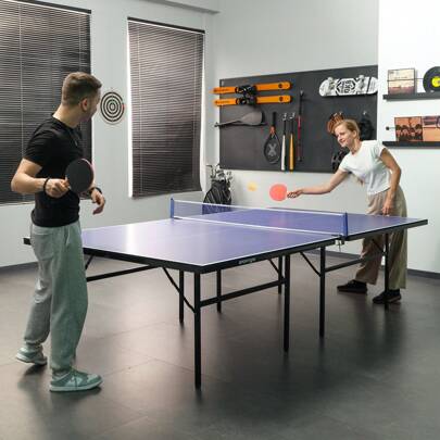  HOMCOM Mesa de Ping Pong Plegable con Red 152,5x274x76cm Mesa de Tenis Exterior Material de Acero y MDF en Color Azul