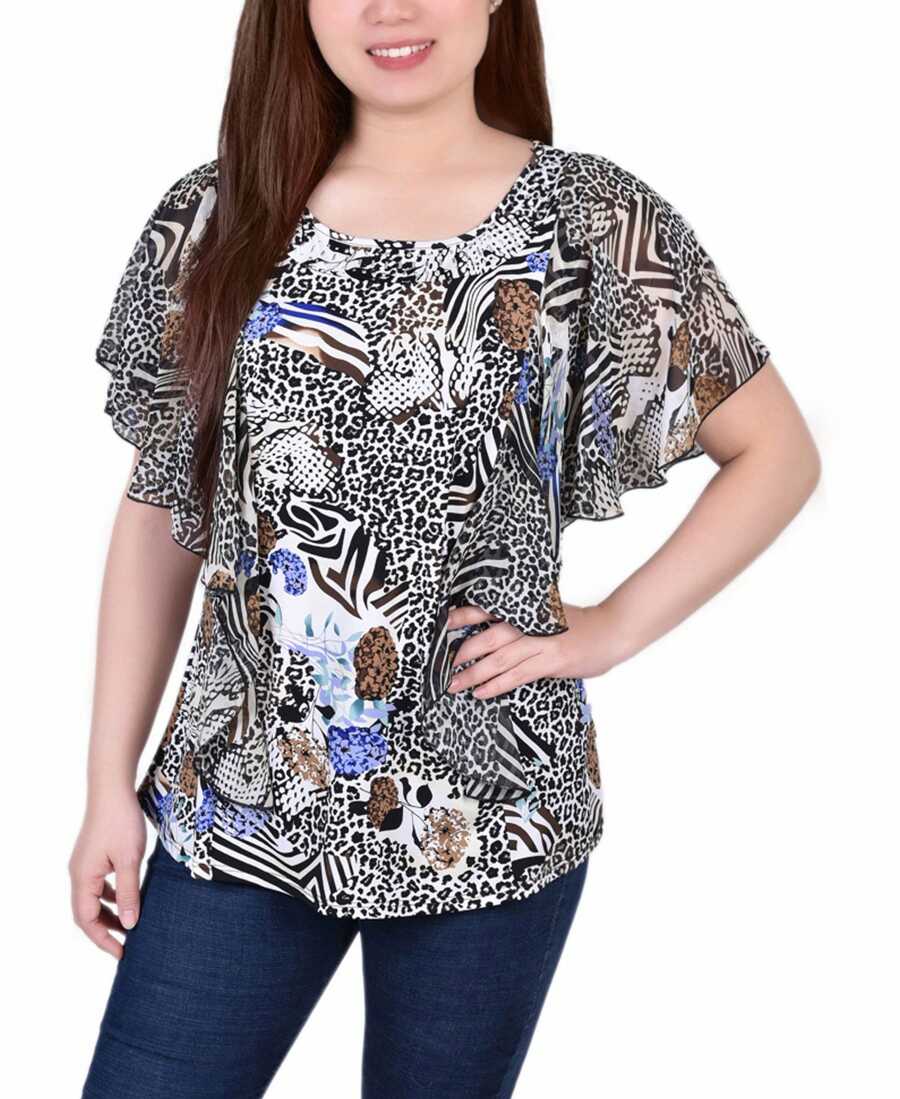 Petite Size Chiffon Sleeve Poncho With Studded Neckline Top