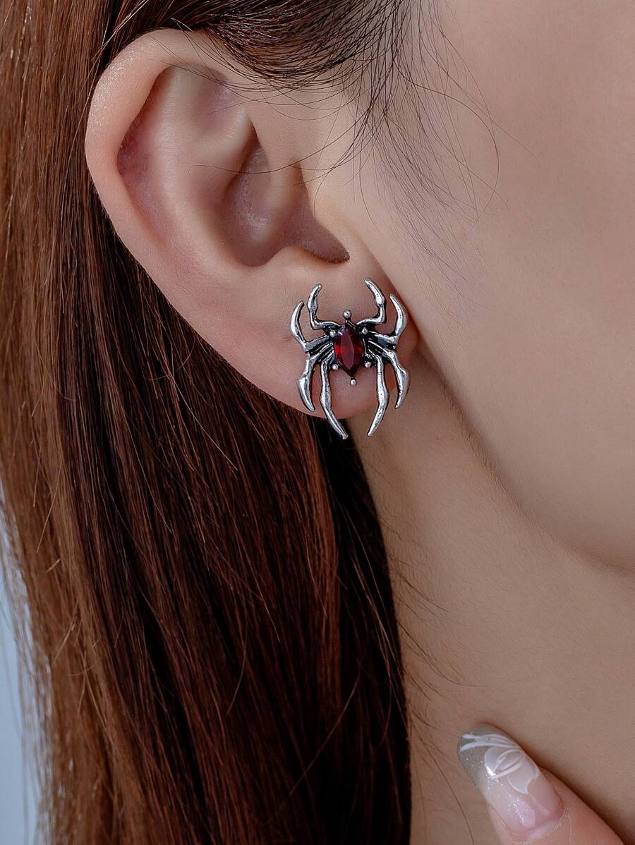 1 paire de boucles d'oreilles clous d'oreilles araignée et rubis vintage gothique en alliage, convient pour le port casual et les fêtes
