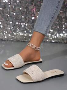 Plus Size Women Slip-On Rhinestone Decor Sandals, Casual Versatile Outdoor Plastic Flat Slippers