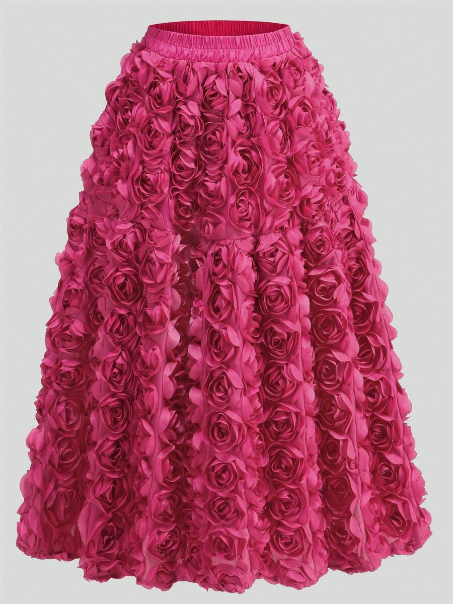 GLOURI Women's 3D Rose Appliqué Skirt With Lined Pockets, A-Line Midi High Waist Stretch Skirt For Casual/Wedding/Party, Breathable Lace Trimmed Semi-Formal Skirts (Black/Beige/Fuchsia) - 玫紅色 - 查看 1