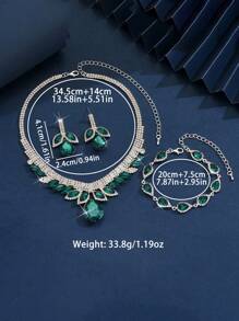 4pcs Set Crystal Water Drop Shaped Rhinestone Necklace, Bracelet & Earing Jewelry Set, European Style