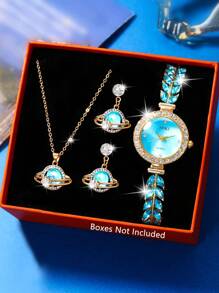 SOKI SOKI 4 件/套立方氧化锆星球装饰首饰套装金色行星立方氧化锆圆形吊坠项链、耳环和女士手表羽毛鱼尾表带休闲华丽水钻表盘石英表适合女性派对、节日、生日佩戴或作为姐妹，是送给女士的最佳礼物 - 藍色 - 查看 3
