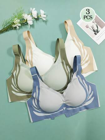 3 件套女士无缝无钢圈运动文胸，透气内衬，可拆卸衬垫，撞色