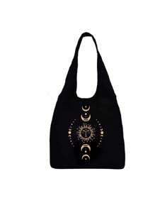 月亮星星印花帆布手提袋，黑色图案印花手提包，黑色小收纳袋，是情人节礼物、伴娘个性化婚礼回礼袋、化妆包、简约旅行收纳袋的理想之选。 - 黑色 - 查看 12