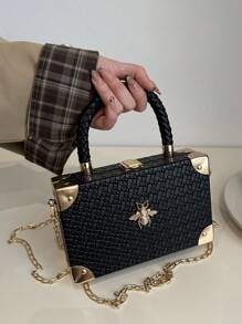 1 件新款压纹压花编织黑色手提包，时尚金属角硬壳盒形包，百搭链条单肩斜挎包，适合女士携带手机和日常使用