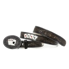 Cinto Country Feminino Masculino Artesanal Em Couro Fivela Grande Redonda Detalhes Carta Baralho