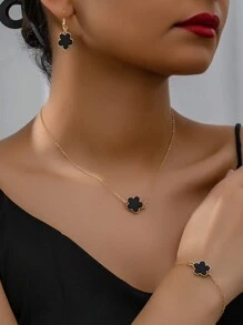 1 Set Mode Minimalistische Klaver Decor Ketting, Armband & Oorbellen Sieraden Set, Veelzijdig Voor Vrouwen Feest, Banket En Cadeau