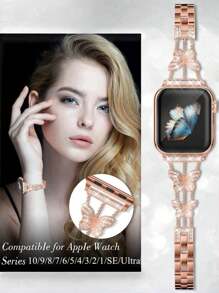 1pc Watch Band Women Fashion Metal Crystal Butterfly Wrist Strap