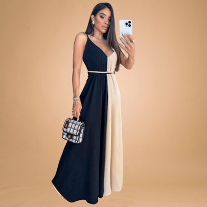 Vestido Duna Bicolor Longo Forrado