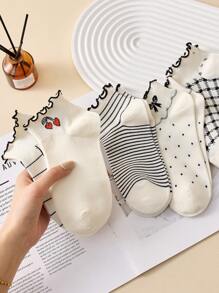 4 Pairs Black And White Women Ruffle Trim Ankle Socks With Patterns: Cherry, Bow, Stripe, Plaid, Heart, Elegant Socks Suitable For Spring And Summer - Multicolor - View 3