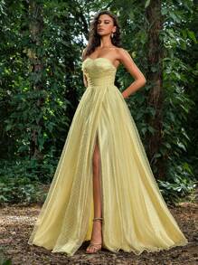 Faeriesty Luxe Elegant Swiss Dot Ruched Bust Mesh Formal Tube Dress Evening Dress - Yellow - View 5