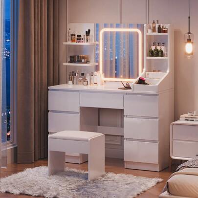  DEVOKO Dressing Table With Mirror And Stool, Vanity Table With LED Lights, Adjustable Brightness, Makeup Desk With 7 Drawers And 4 Shelves, Modern, White