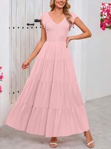 Women's Summer Flowy Long Dress Casual Covered Sleeve V-Neck Pleated Beach Sundress - 粉色 - 查看 4
