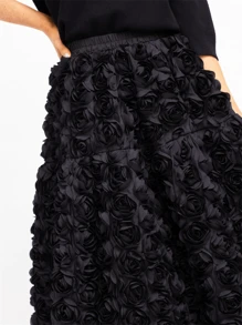 GLOURI Women's 3D Rose Appliqué Skirt With Lined Pockets, A-Line Midi High Waist Stretch Skirt For Casual/Wedding/Party, Breathable Lace Trimmed Semi-Formal Skirts (Black/Beige/Fuchsia) - 黑色 - 查看 4