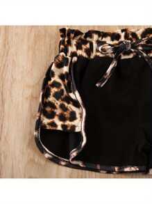 Conjunto de ropa con estampado de leopardo para bebé, camiseta de manga corta con cuello redondo y bolsillo para niña + pantalones cortos con cordón para verano. - Negro - Ver 5
