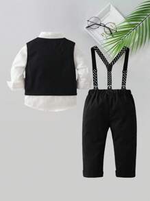 BOARNSEORL 3pcs Young Boys Gentleman Outfit - Long Sleeve White Shirt With Bow Tie, Vest And Pants, Fashionamantic For Birthday Party, Wedding, Christening - Black - View 4