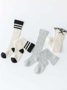 3 双女孩及膝袜，薄款条纹荷叶边长筒袜，适合上学、春秋季 - 彩色 - 查看 5