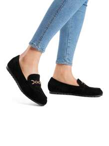 Women Suede Loafers Flats Slip On Lightweight Arch Support Work Shoes With Chic Metal Detail Comfortable Walking Casual Versatile Loafers - 黑色 - 查看 7