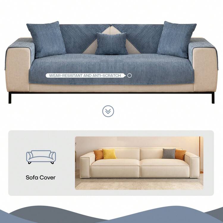 Soft Chenille Sofa Couch Cover Mat Striped Weave Textured Sectional Slipcovers With Non-Slip Back Anti Scratch Pet Couch Protector Sofa Armrest Cover Backrest Cover Seat Cover Machine Washable 1 Piece For Living Room Home Decoration - Blue - View 10