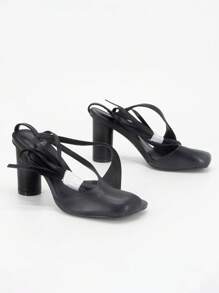 时尚女士夏季交叉系带高跟罗马凉鞋配黑色踝带性感露趾方头细高跟鞋系带高跟凉鞋 - 黑色 - 查看 10