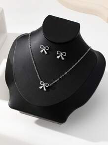 3 件套时尚简约蝴蝶结耳环和项链套装，适合女士日常佩戴