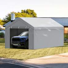 Carport Replacement Canopy Cover Top + Side Wall, Garage Top Tent Shelter Tarp Heavy-Duty Waterproof & UV Protected, Easy Installation With Ball Bungees (Frame Not Include) - Top + Side Wall 10x20ft, Grey - View 1