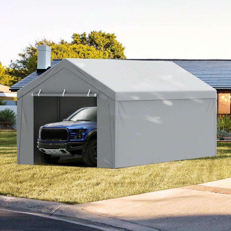 Carport Replacement Canopy Cover Top + Side Wall, Garage Top Tent Shelter Tarp Heavy-Duty Waterproof & UV Protected, Easy Installation With Ball Bungees (Frame Not Include) - Top + Side Wall 10x20ft, Grey - View 1