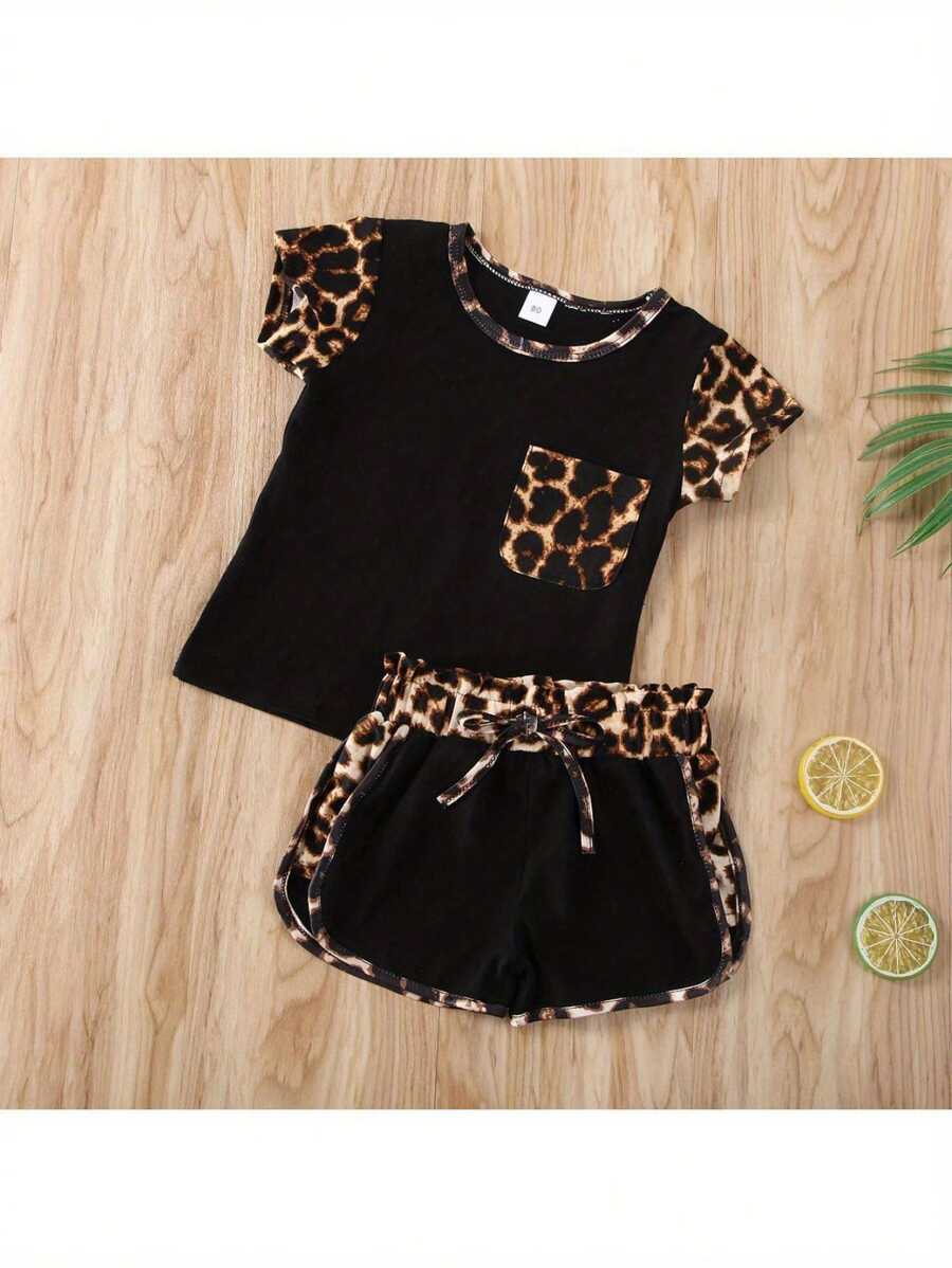 Conjunto de ropa con estampado de leopardo para bebé, camiseta de manga corta con cuello redondo y bolsillo para niña + pantalones cortos con cordón para verano. - Negro - Ver 1