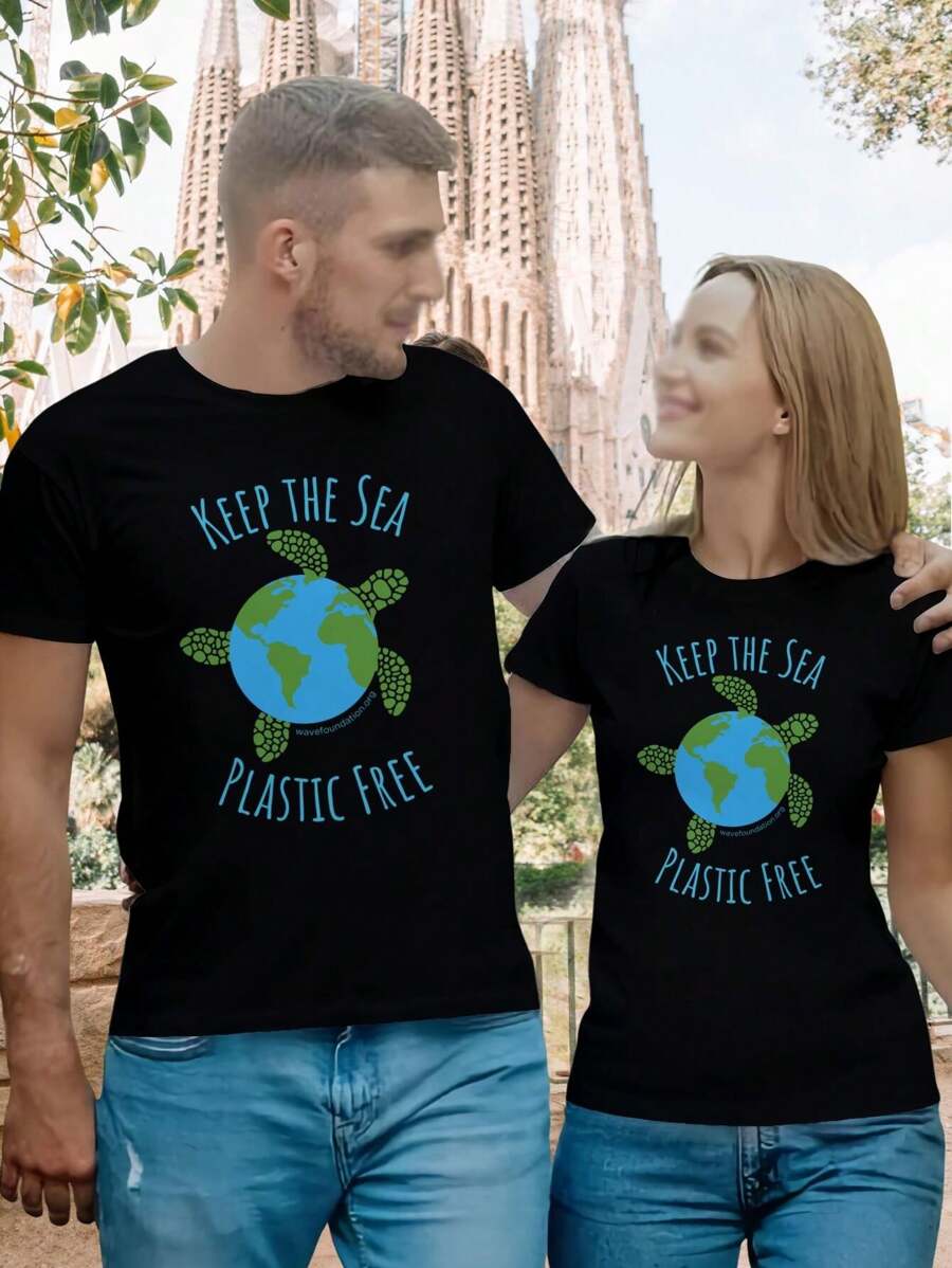 Valentine's Day Ocean Conservation T-Shirt Recycle Keep Our Sea Plastic Free - Black - View 1