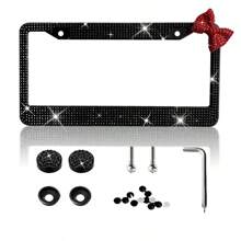 1 Shiny License Plate Frame, Set With Hand-Set Acrylic Crystal, Cute Bowknot Decoration, Stainless Steel Frame, Firmly Fixed, Upgrade Your Car With Stylish Shiny Butterfly License Plate Frame Christmas Gift Girl