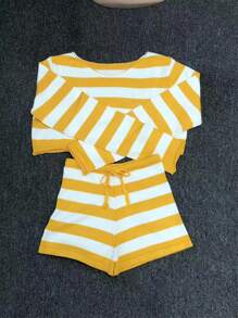 Women 2 Piece Knitted Outfits Set Stripe Printed Off Shoulder Long Sleeve Crop Top Sweater Drawstring Shorts Lounge Sets Beachwear Cover Ups - 黃色 - 查看 8