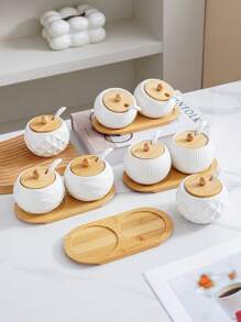1 Set Ceramic Kitchen Storage Jars With Bamboo Wood Tray & Ceramic Spoon, Scandinavian Minimalist Japanese Style Creative Textured Dinnerware, Kitchen Storage Canisters, Diamond, Wavy, Bird Nest Pattern, Hotel Restaurant Home Kitchen Essentials, Round Bamboo Wood Lid Spice, Pepper, Salt, Sugar Seasoning Storage Jars