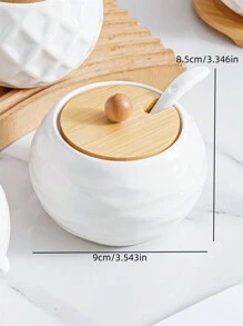 1 Set Ceramic Kitchen Storage Jars With Bamboo Wood Tray & Ceramic Spoon, Scandinavian Minimalist Japanese Style Creative Textured Dinnerware, Kitchen Storage Canisters, Diamond, Wavy, Bird Nest Pattern, Hotel Restaurant Home Kitchen Essentials, Round Bamboo Wood Lid Spice, Pepper, Salt, Sugar Seasoning Storage Jars