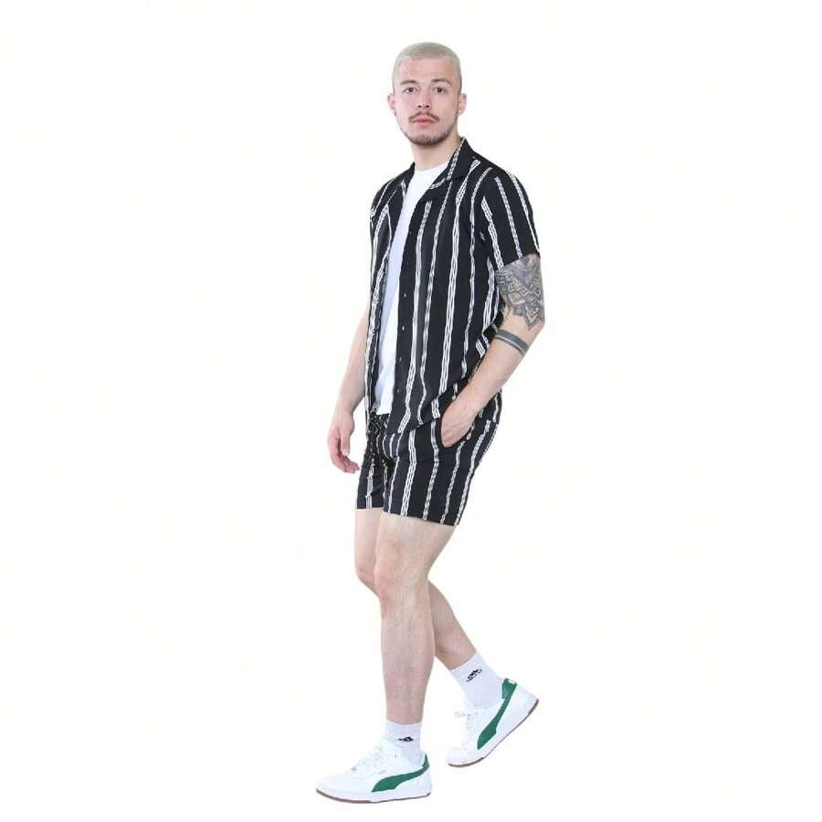 Men's Black Striped Shirt And Shorts Set – Casual Summer Co-Ord Outfit - Multicolor - View 1