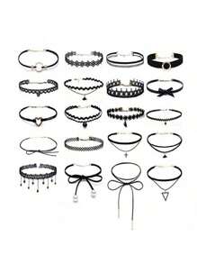 20 件装哥特式简约欧美风格颈链蕾丝项圈项链套装