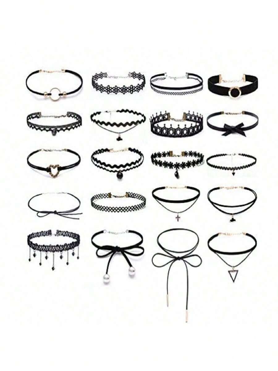 20 件装哥特式简约欧美风格颈链蕾丝项圈项链套装