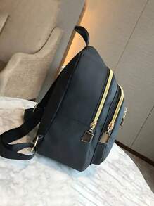 女士尼龙材质时尚背包，粉色毛巾刺绣字母A-Z，多功能时尚设计包，拉链封口，大容量学生多口袋背包，女孩背包，小女孩背包，中小学生背包，适合上学、旅行、送礼、生日礼物、旅行用品 - 黑色 - 查看 3